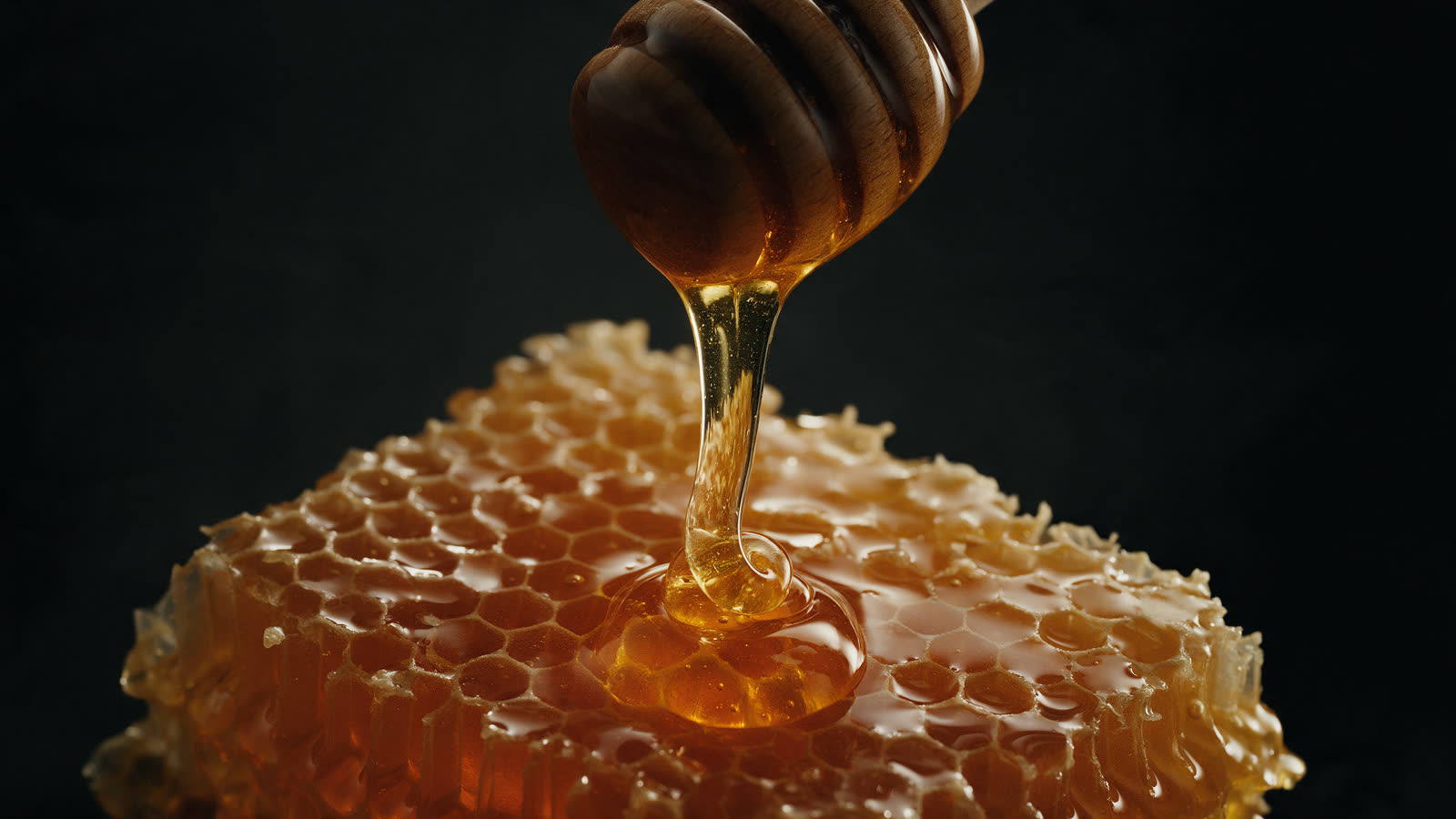HoneyHashSticks.com: cannabis and confectionery brand domain Golden honey dripping from a wooden dipper over a honeycomb on a dark background