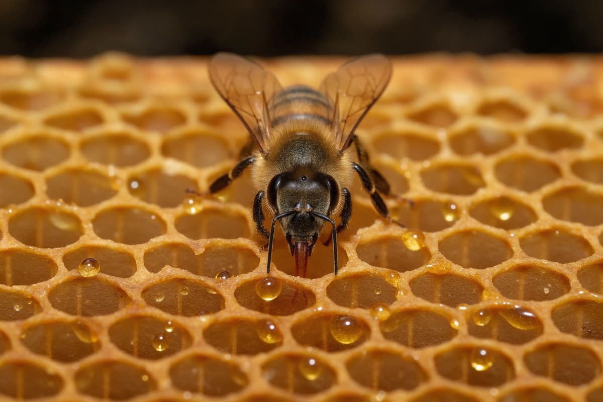 Honeybee on honeycomb Macro photograph of a honeybee on a glistening honeycomb cell