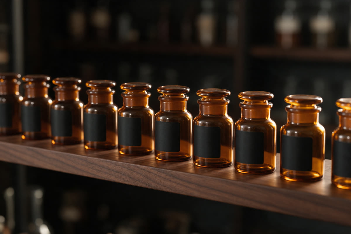 Amber apothecary jars Row of small amber glass jars with blank black labels on a dark walnut shelf
