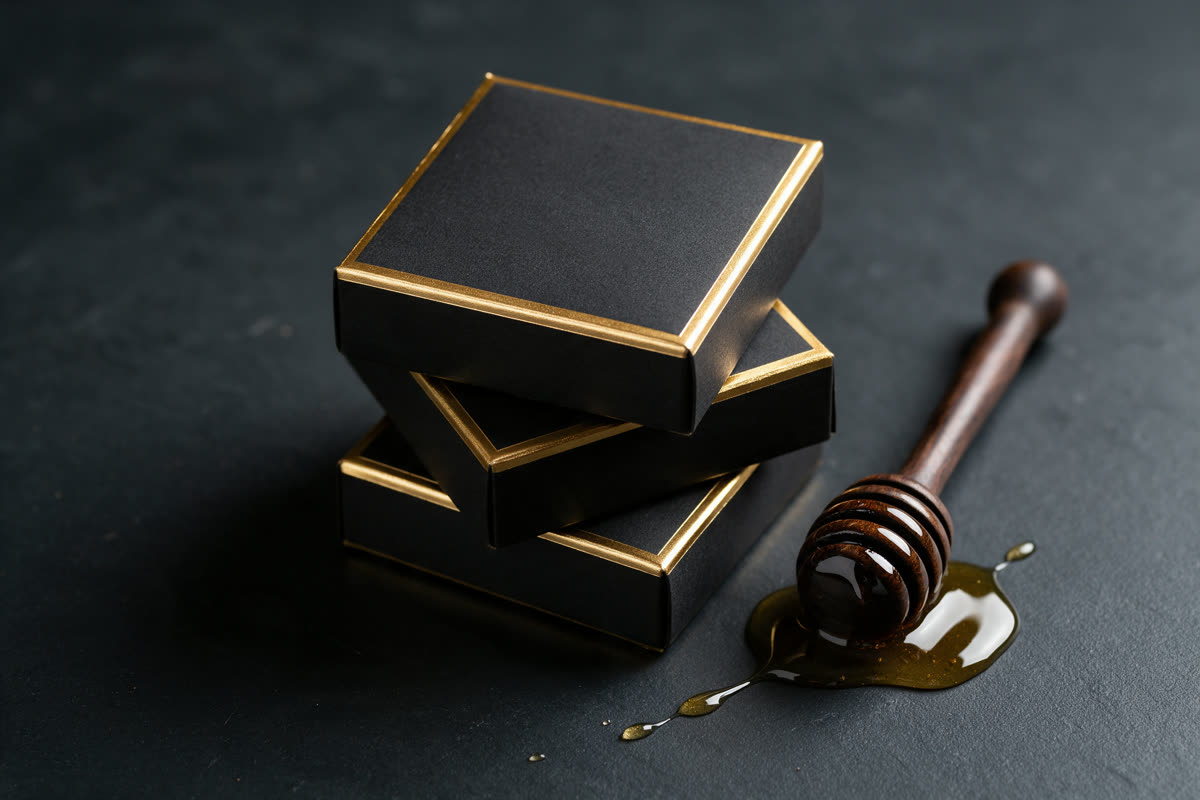 Black and gold craft packaging Matte black craft boxes with gold foil edges beside a honey dipper